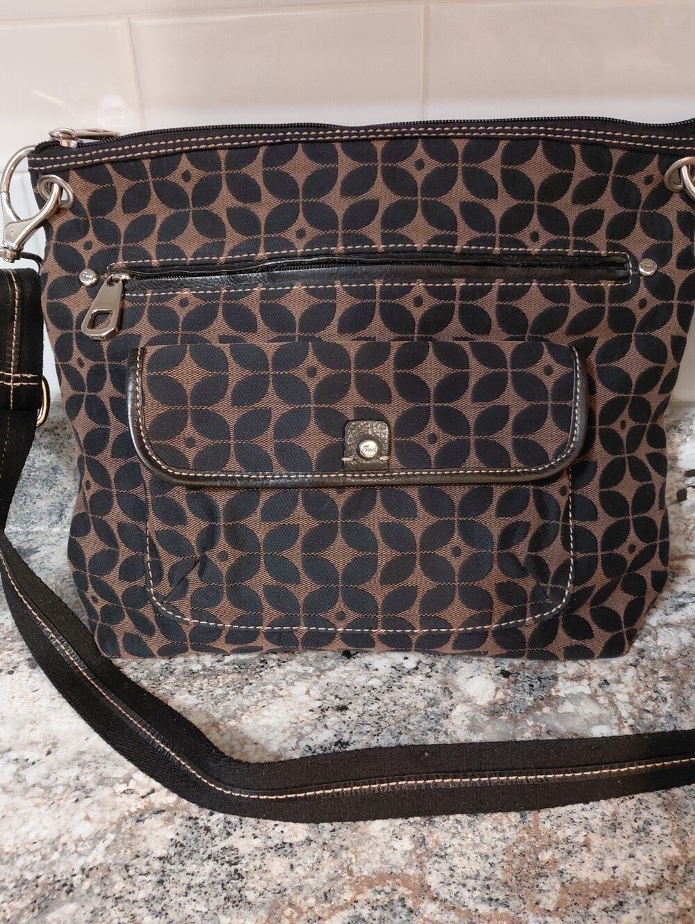 Fossil Marlow Brown Black Patterned Crossbody Bag Canvas Purse